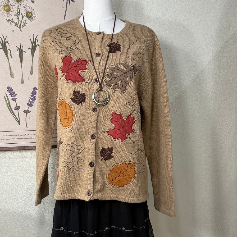 Vintage Y2k Embroidered Leaves Fall Cardigan Sweater Cottage Forest Mori Kei M